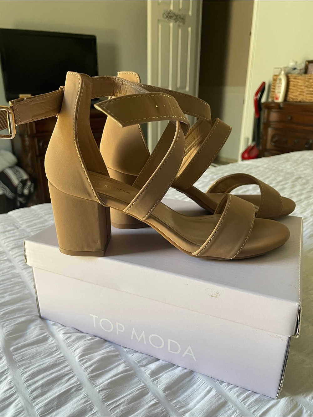 TOP Moda Tan Block Heel Sandals with Ankle Strap